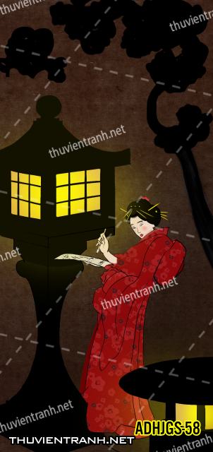 Tranh dán tường Cô gái  Nhật Bản mặc kimono, tranh minh họa cô gái Nhật Bản xưa -ADHJGS-58 - Tranh tường chất lượng cao